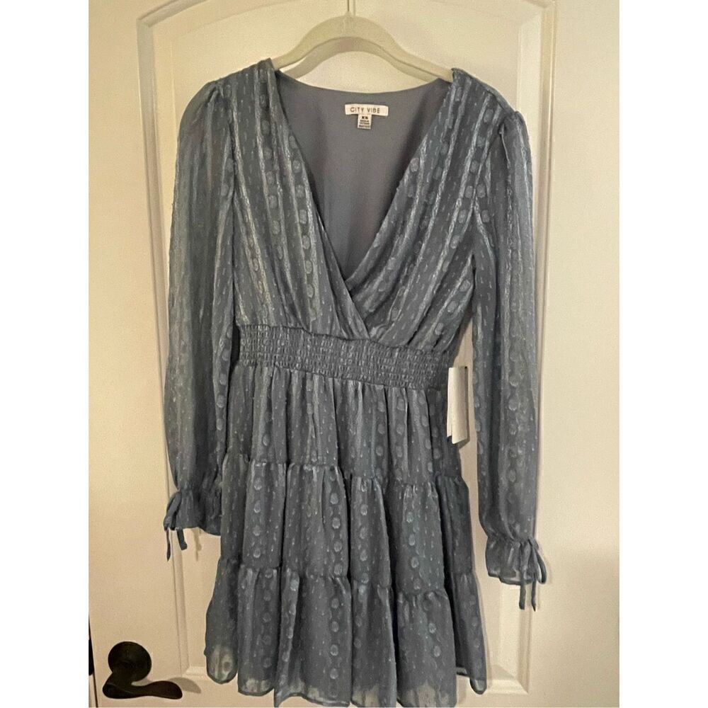 Women's Lined Chiffon Long Sleeve Tiered Ruffle Hem Wrap Dress Blue Size XS NWT